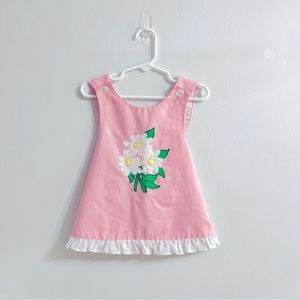 Pretty Pink Striped Toddler Pinafore with Flowers No Size Tag Measurements Below
